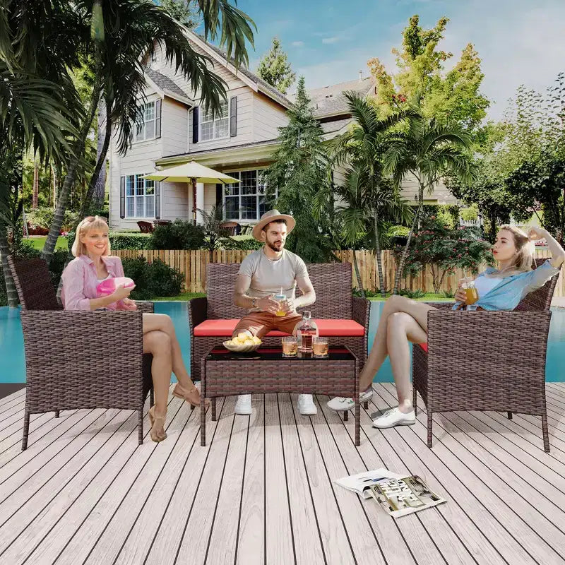 Ensemble de meubles de patio extérieur 4 pièces, ensembles de conversation en rotin osier, ensemble de patio bistrot avec 2 chaises, coussin doux, causeuse et 1 table basse en verre