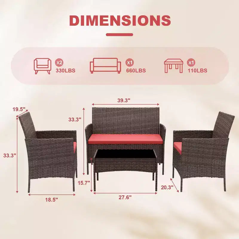 Ensemble de meubles de patio extérieur 4 pièces, ensembles de conversation en rotin osier, ensemble de patio bistrot avec 2 chaises, coussin doux, causeuse et 1 table basse en verre