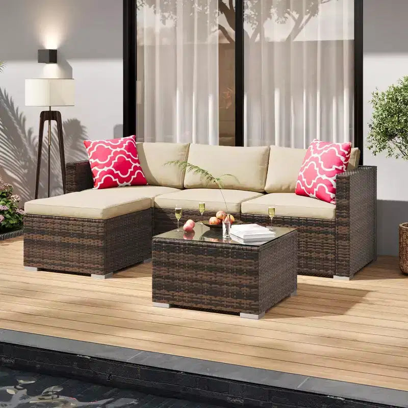 Ensemble de meubles de patio extérieur 4 pièces, ensembles de conversation en rotin osier, ensemble de patio bistrot avec 2 chaises, coussin doux, causeuse et 1 table basse en verre
