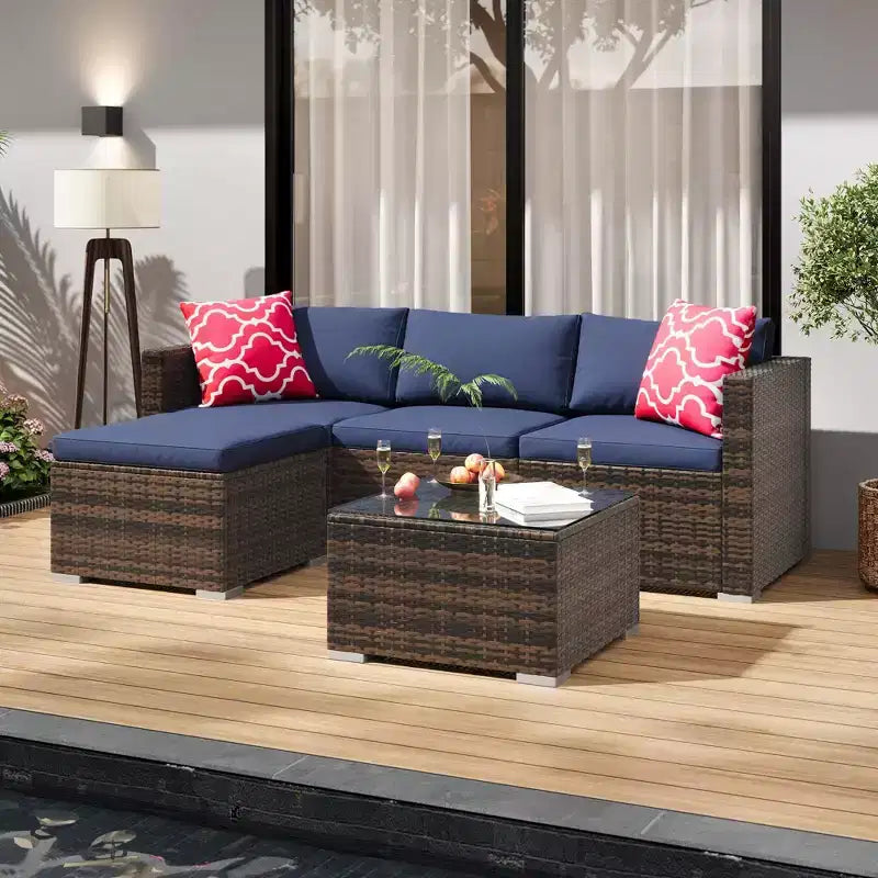 Ensemble de meubles de patio extérieur 4 pièces, ensembles de conversation en rotin osier, ensemble de patio bistrot avec 2 chaises, coussin doux, causeuse et 1 table basse en verre