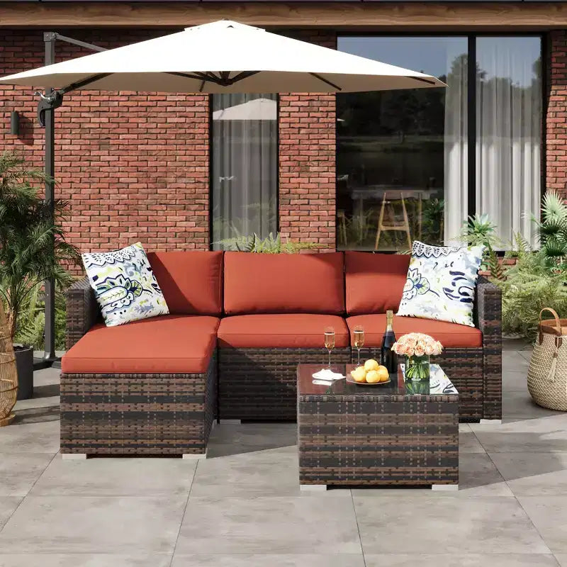 Ensemble de meubles de patio extérieur 4 pièces, ensembles de conversation en rotin osier, ensemble de patio bistrot avec 2 chaises, coussin doux, causeuse et 1 table basse en verre