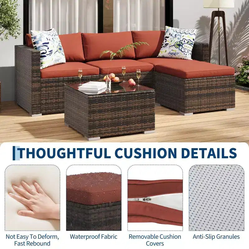 Ensemble de meubles de patio extérieur 4 pièces, ensembles de conversation en rotin osier, ensemble de patio bistrot avec 2 chaises, coussin doux, causeuse et 1 table basse en verre