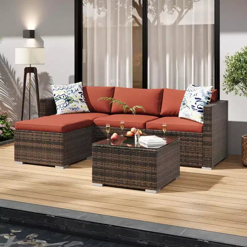 Ensemble de meubles de patio extérieur 4 pièces, ensembles de conversation en rotin osier, ensemble de patio bistrot avec 2 chaises, coussin doux, causeuse et 1 table basse en verre