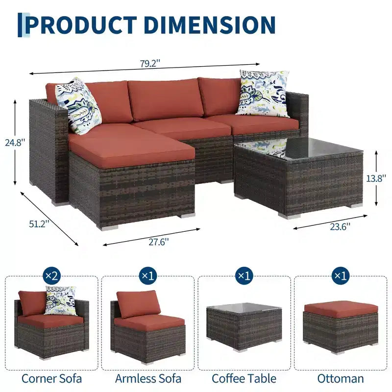 Ensemble de meubles de patio extérieur 4 pièces, ensembles de conversation en rotin osier, ensemble de patio bistrot avec 2 chaises, coussin doux, causeuse et 1 table basse en verre