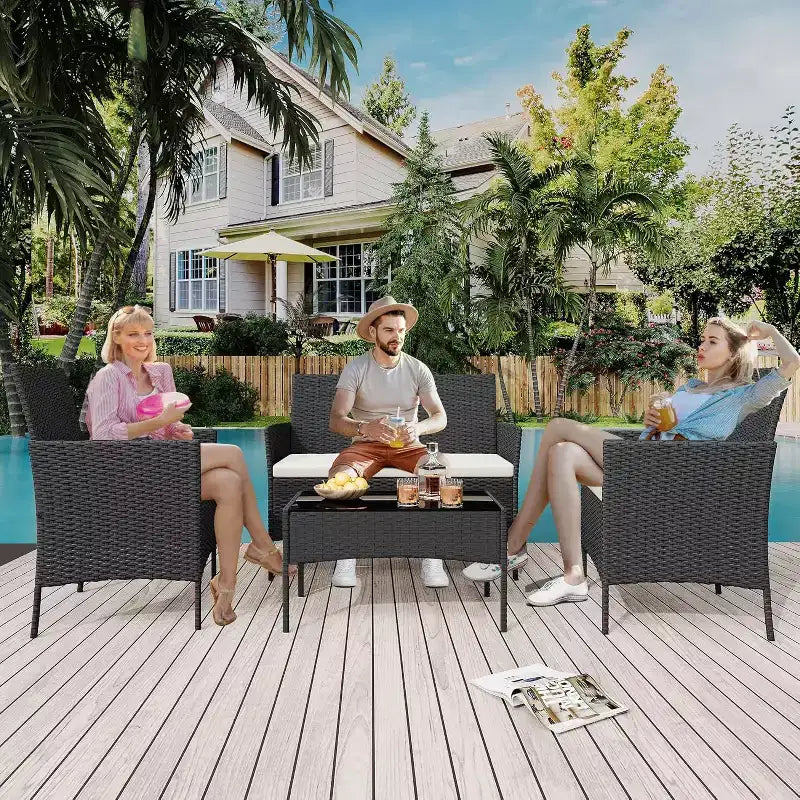 Ensemble de meubles de patio extérieur 4 pièces, ensembles de conversation en rotin osier, ensemble de patio bistrot avec 2 chaises, coussin doux, causeuse et 1 table basse en verre