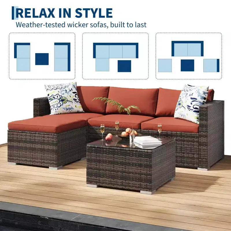 Ensemble de meubles de patio extérieur 4 pièces, ensembles de conversation en rotin osier, ensemble de patio bistrot avec 2 chaises, coussin doux, causeuse et 1 table basse en verre