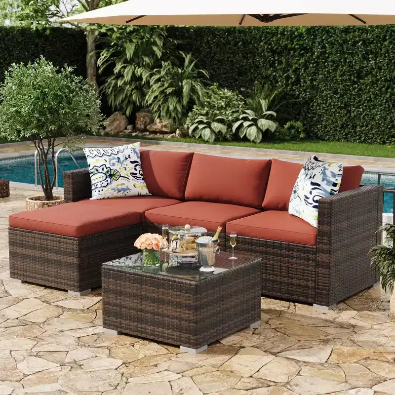 Ensemble de meubles de patio extérieur 4 pièces, ensembles de conversation en rotin osier, ensemble de patio bistrot avec 2 chaises, coussin doux, causeuse et 1 table basse en verre