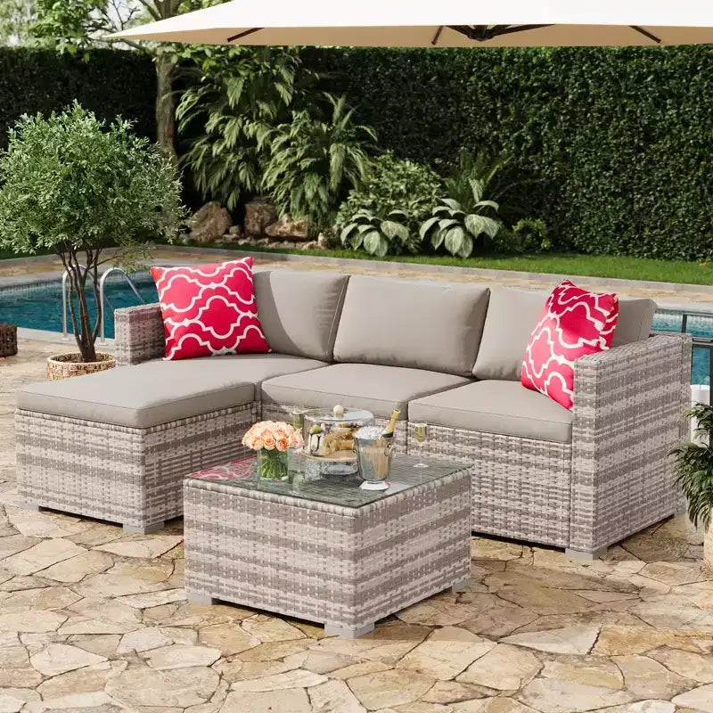 Ensemble de meubles de patio extérieur 4 pièces, ensembles de conversation en rotin osier, ensemble de patio bistrot avec 2 chaises, coussin doux, causeuse et 1 table basse en verre