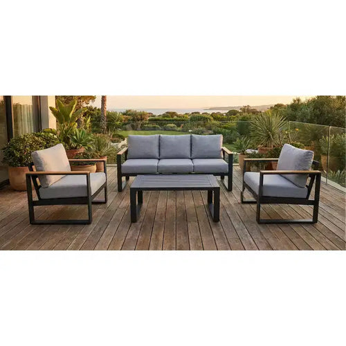 Ensemble de 4 meubles de patio extérieurs en aluminium avec table basse, ensemble de conversation d'extérieur avec coussins épais lavables, sièges modulaires pour piscine