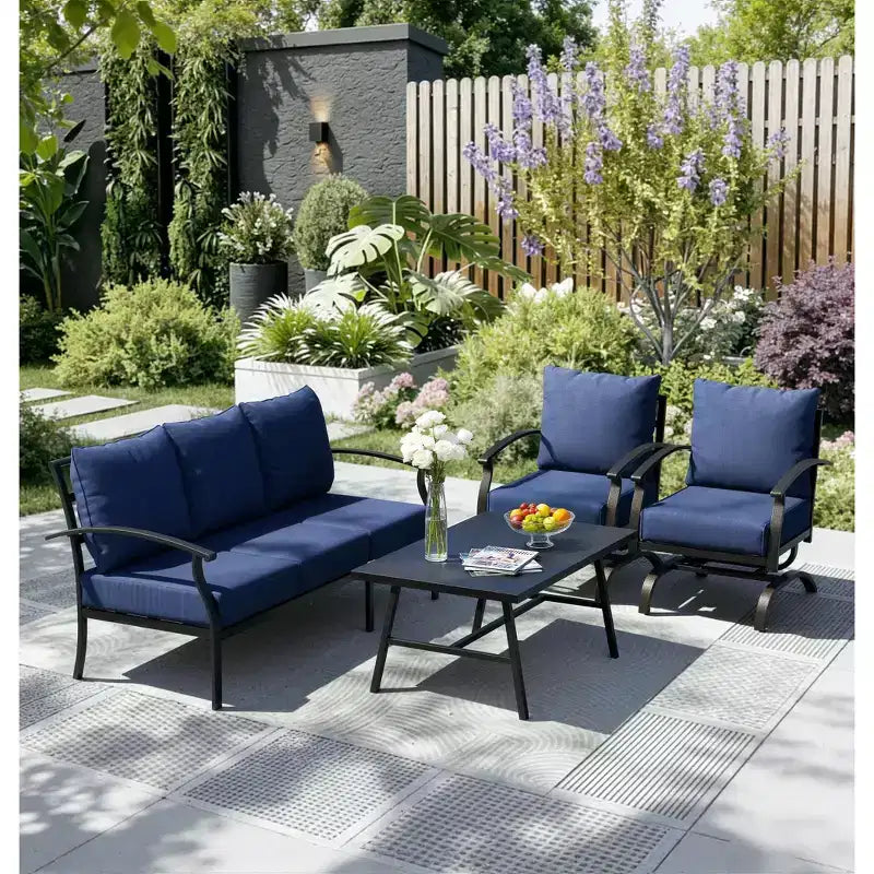 ALAULM Ensemble de conversation de terrasse 5 places, Ensemble de canapé-fauteuil à bascule extérieur avec coussins épais et table basse, Ensemble de meubles de bistrot