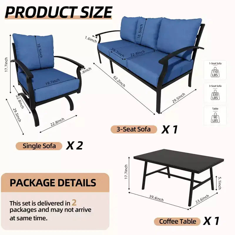 ALAULM Ensemble de conversation de terrasse 5 places, Ensemble de canapé-fauteuil à bascule extérieur avec coussins épais et table basse, Ensemble de meubles de bistrot