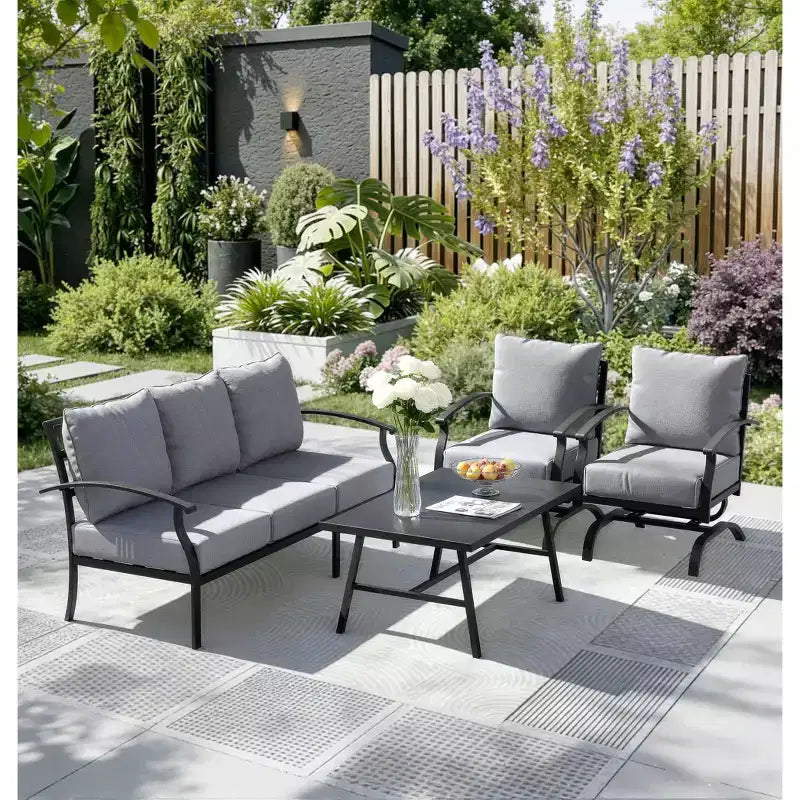 ALAULM Ensemble de conversation de terrasse 5 places, Ensemble de canapé-fauteuil à bascule extérieur avec coussins épais et table basse, Ensemble de meubles de bistrot