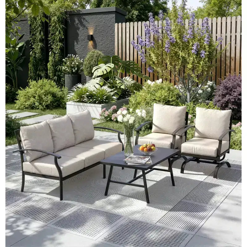 ALAULM Ensemble de conversation de terrasse 5 places, Ensemble de canapé-fauteuil à bascule extérieur avec coussins épais et table basse, Ensemble de meubles de bistrot