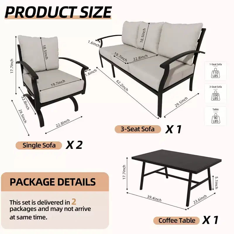 ALAULM Ensemble de conversation de terrasse 5 places, Ensemble de canapé-fauteuil à bascule extérieur avec coussins épais et table basse, Ensemble de meubles de bistrot