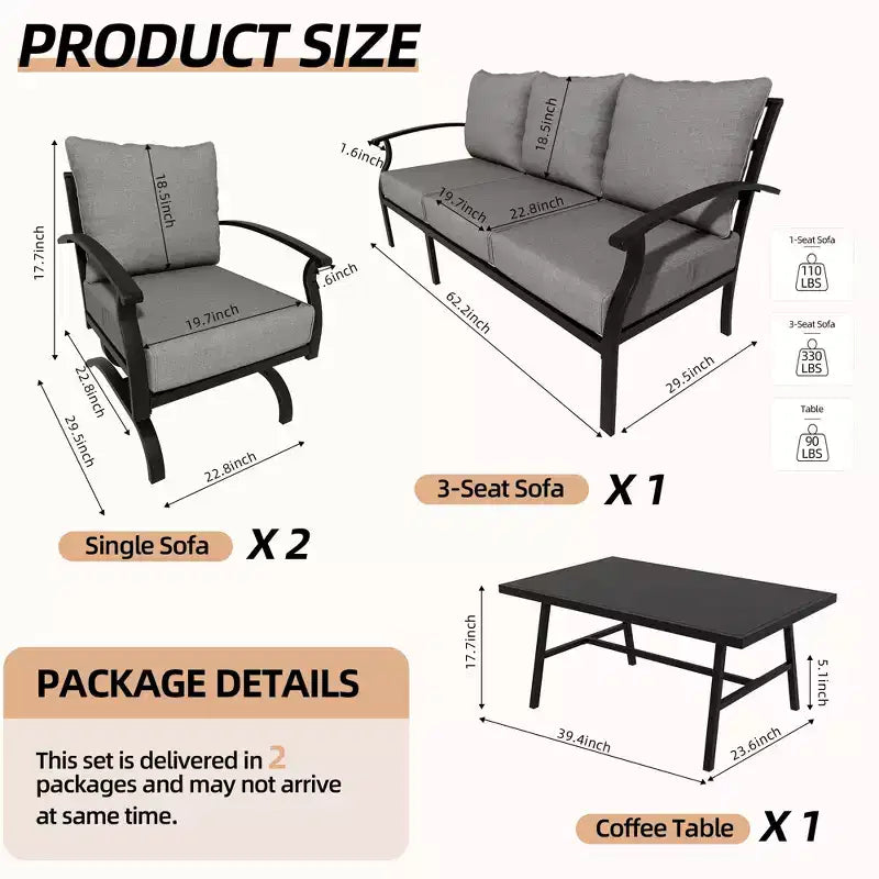 ALAULM Ensemble de conversation de terrasse 5 places, Ensemble de canapé-fauteuil à bascule extérieur avec coussins épais et table basse, Ensemble de meubles de bistrot