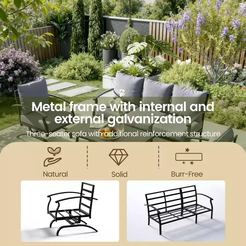 ALAULM Ensemble de conversation de terrasse 5 places, Ensemble de canapé-fauteuil à bascule extérieur avec coussins épais et table basse, Ensemble de meubles de bistrot