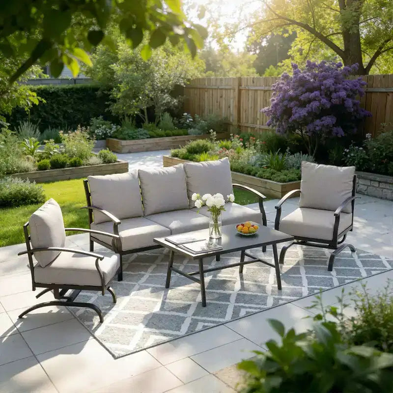 ALAULM Ensemble de conversation de terrasse 5 places, Ensemble de canapé-fauteuil à bascule extérieur avec coussins épais et table basse, Ensemble de meubles de bistrot
