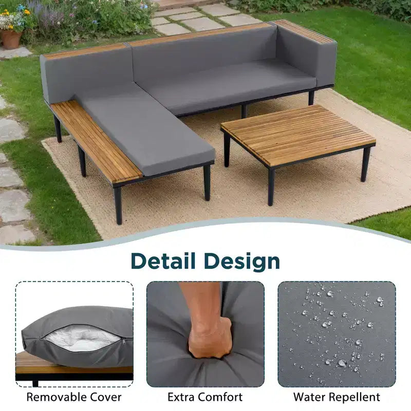 GDFStudio Nolan Ensemble de conversation de jardin moderne en bois d'acacia et métal en L avec table basse