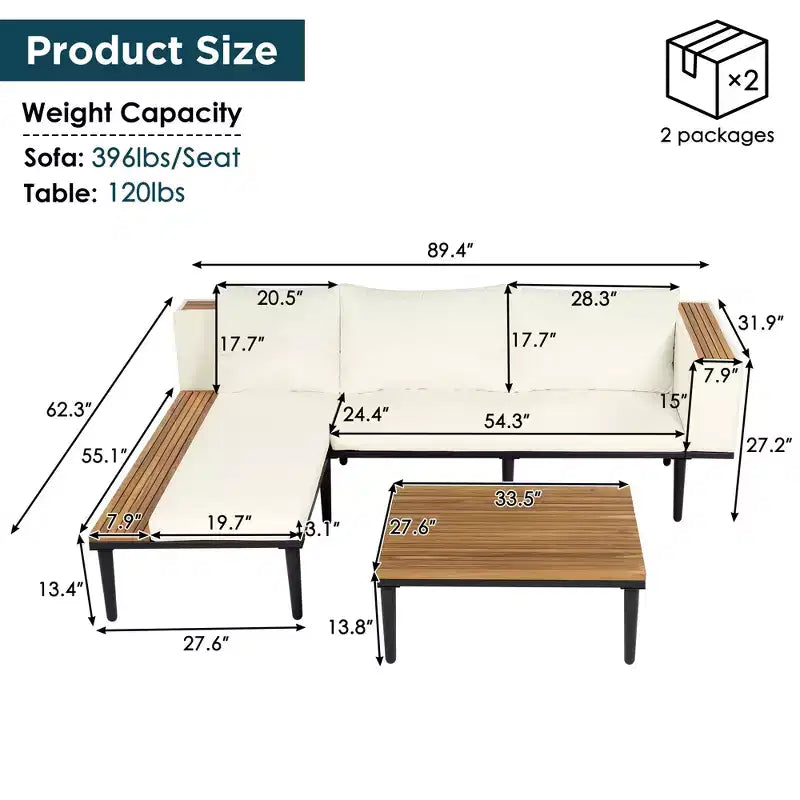 GDFStudio Nolan Ensemble de conversation de jardin moderne en bois d'acacia et métal en L avec table basse