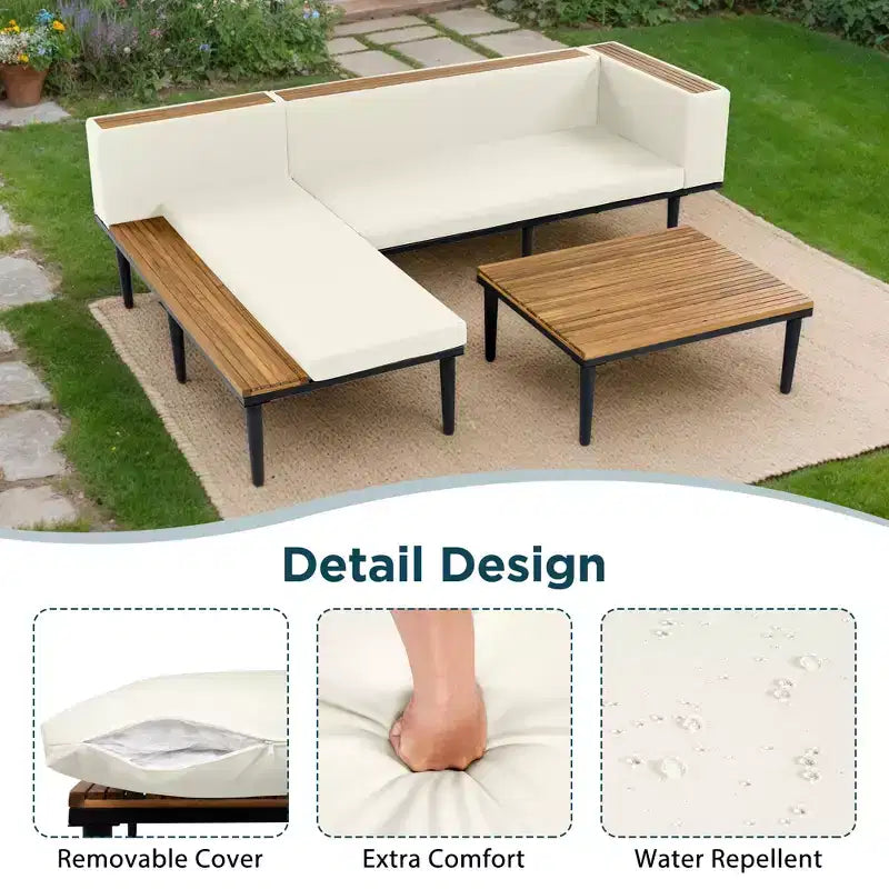 GDFStudio Nolan Ensemble de conversation de jardin moderne en bois d'acacia et métal en L avec table basse