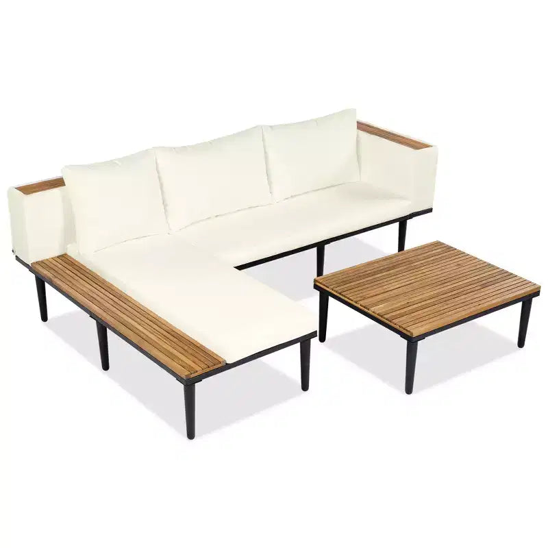 GDFStudio Nolan Ensemble de conversation de jardin moderne en bois d'acacia et métal en L avec table basse