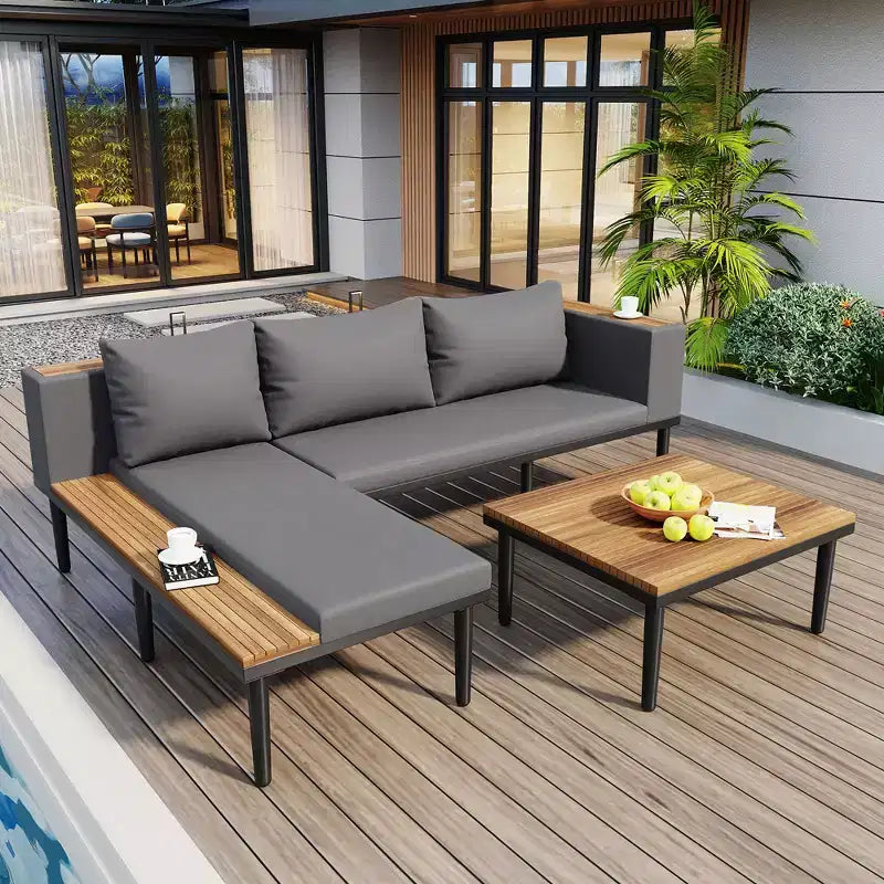 GDFStudio Nolan Ensemble de conversation de jardin moderne en bois d'acacia et métal en L avec table basse