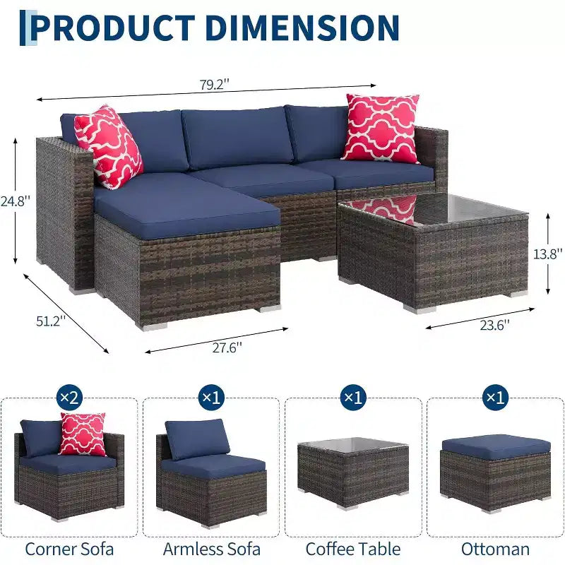 Acekool Ensemble de canapé sectionnel 5 pièces en rotin pour terrasse, meubles d'extérieur modulables avec coussins, pour jardin, cour, piscine