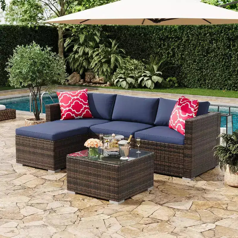 Acekool Ensemble de canapé sectionnel 5 pièces en rotin pour terrasse, meubles d'extérieur modulables avec coussins, pour jardin, cour, piscine