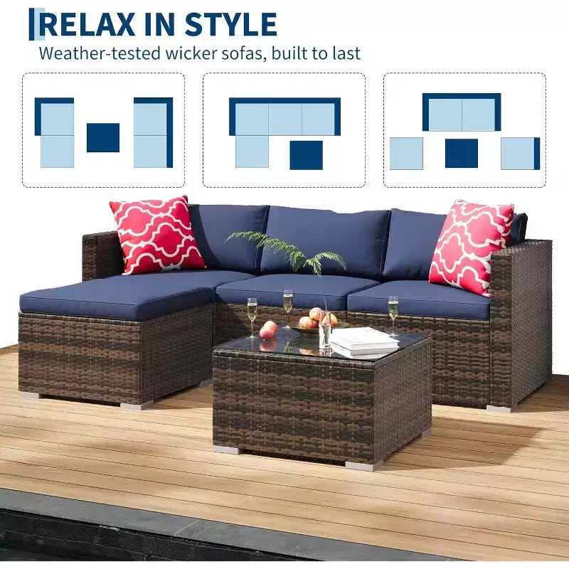 Acekool Ensemble de canapé sectionnel 5 pièces en rotin pour terrasse, meubles d'extérieur modulables avec coussins, pour jardin, cour, piscine