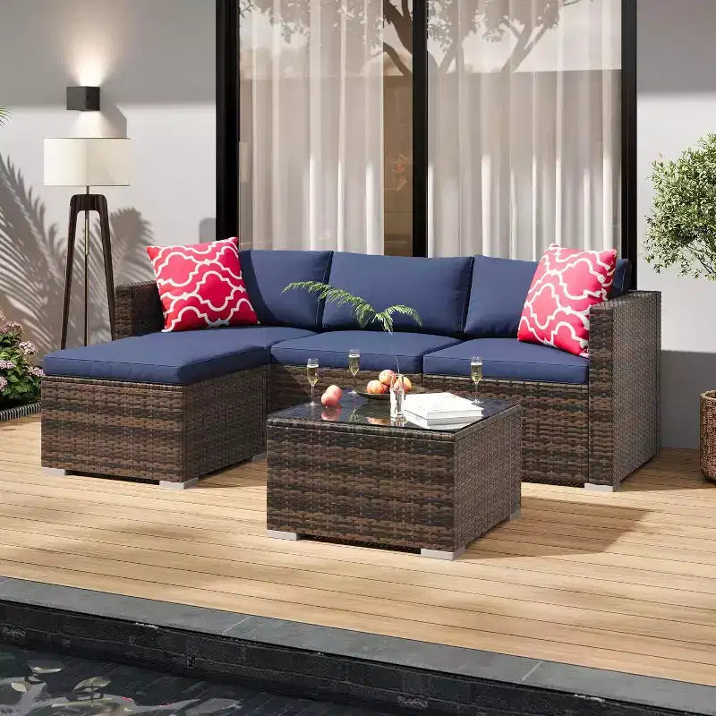 Acekool Ensemble de canapé sectionnel 5 pièces en rotin pour terrasse, meubles d'extérieur modulables avec coussins, pour jardin, cour, piscine