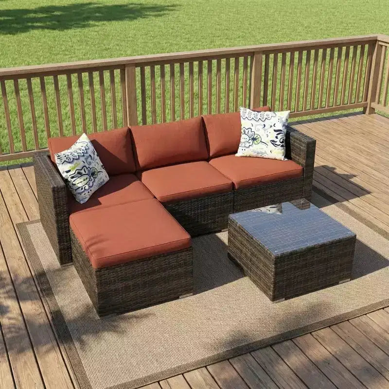 Acekool Ensemble de canapé sectionnel 5 pièces en rotin pour terrasse, meubles d'extérieur modulables avec coussins, pour jardin, cour, piscine