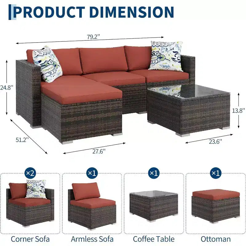 Acekool Ensemble de canapé sectionnel 5 pièces en rotin pour terrasse, meubles d'extérieur modulables avec coussins, pour jardin, cour, piscine