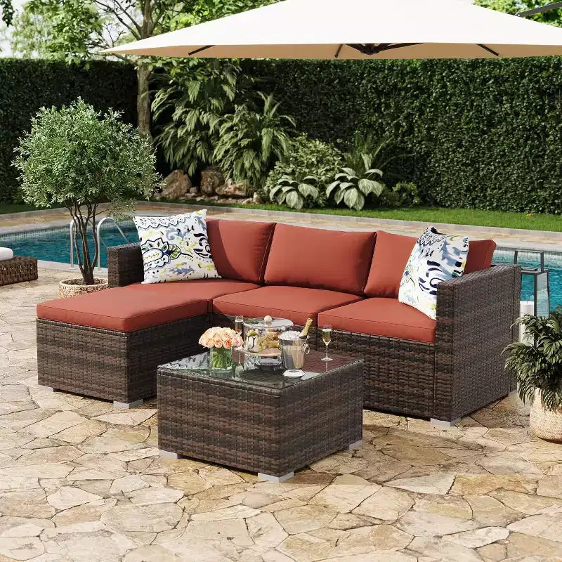 Acekool Ensemble de canapé sectionnel 5 pièces en rotin pour terrasse, meubles d'extérieur modulables avec coussins, pour jardin, cour, piscine