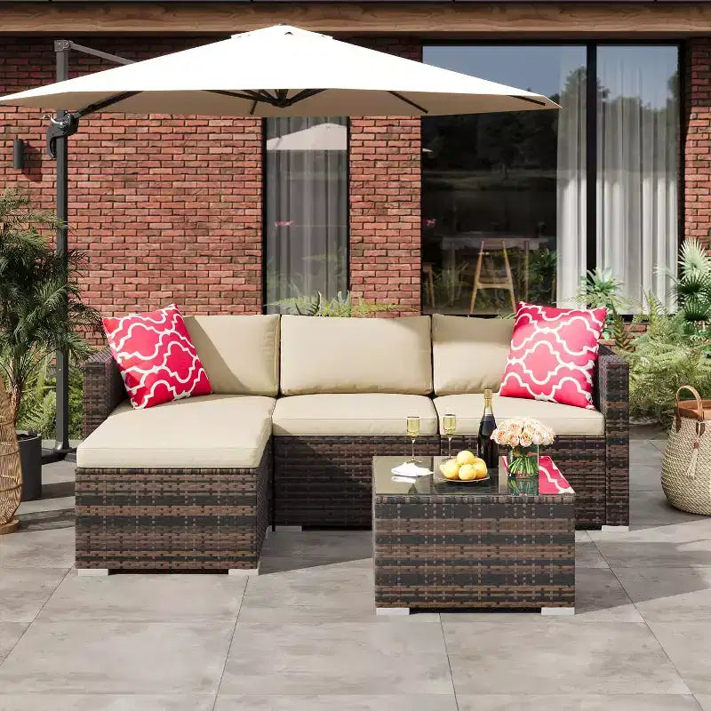 Acekool Ensemble de canapé sectionnel 5 pièces en rotin pour terrasse, meubles d'extérieur modulables avec coussins, pour jardin, cour, piscine