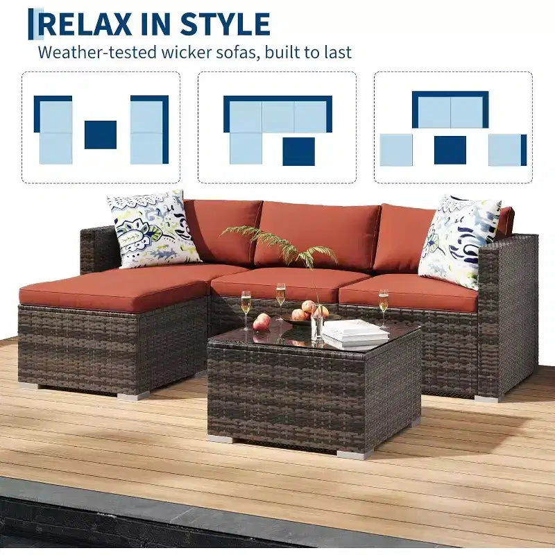 Acekool Ensemble de canapé sectionnel 5 pièces en rotin pour terrasse, meubles d'extérieur modulables avec coussins, pour jardin, cour, piscine