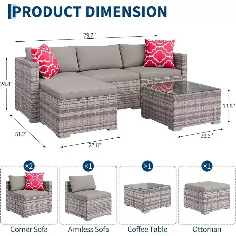 Acekool Ensemble de canapé sectionnel 5 pièces en rotin pour terrasse, meubles d'extérieur modulables avec coussins, pour jardin, cour, piscine