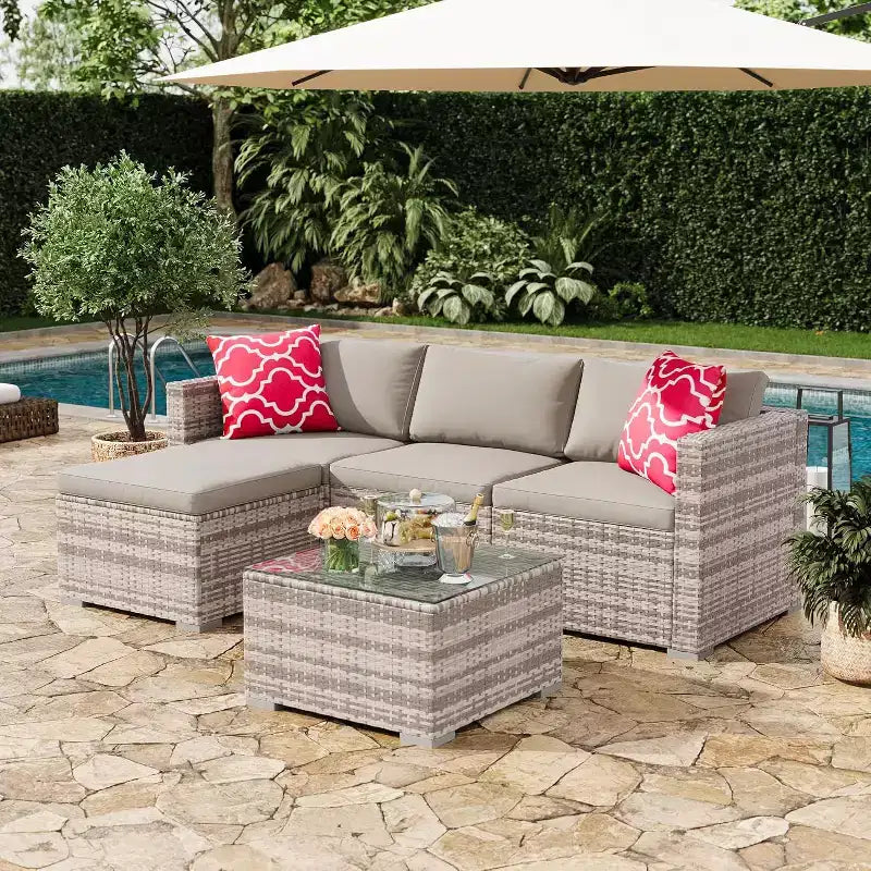 Acekool Ensemble de canapé sectionnel 5 pièces en rotin pour terrasse, meubles d'extérieur modulables avec coussins, pour jardin, cour, piscine
