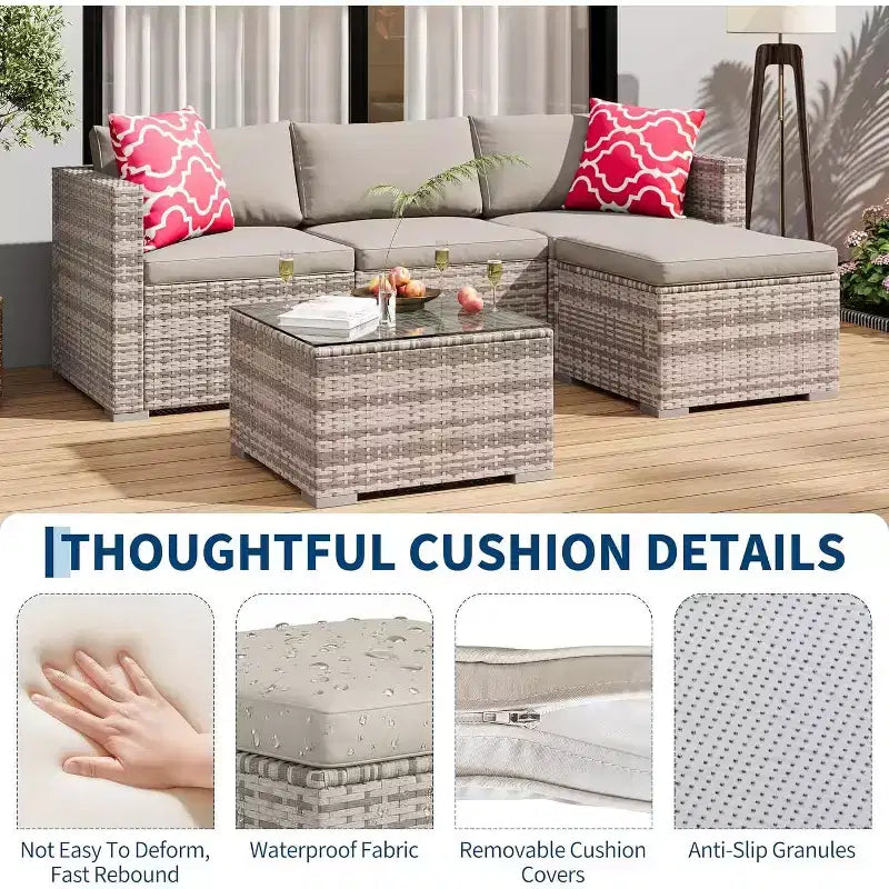 Acekool Ensemble de canapé sectionnel 5 pièces en rotin pour terrasse, meubles d'extérieur modulables avec coussins, pour jardin, cour, piscine