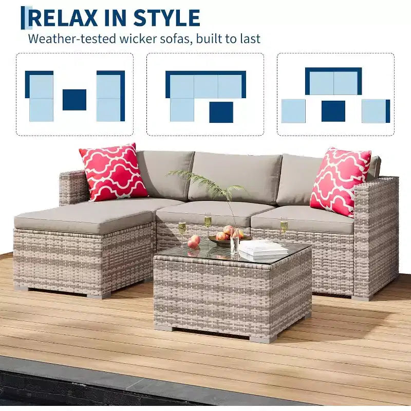 Acekool Ensemble de canapé sectionnel 5 pièces en rotin pour terrasse, meubles d'extérieur modulables avec coussins, pour jardin, cour, piscine