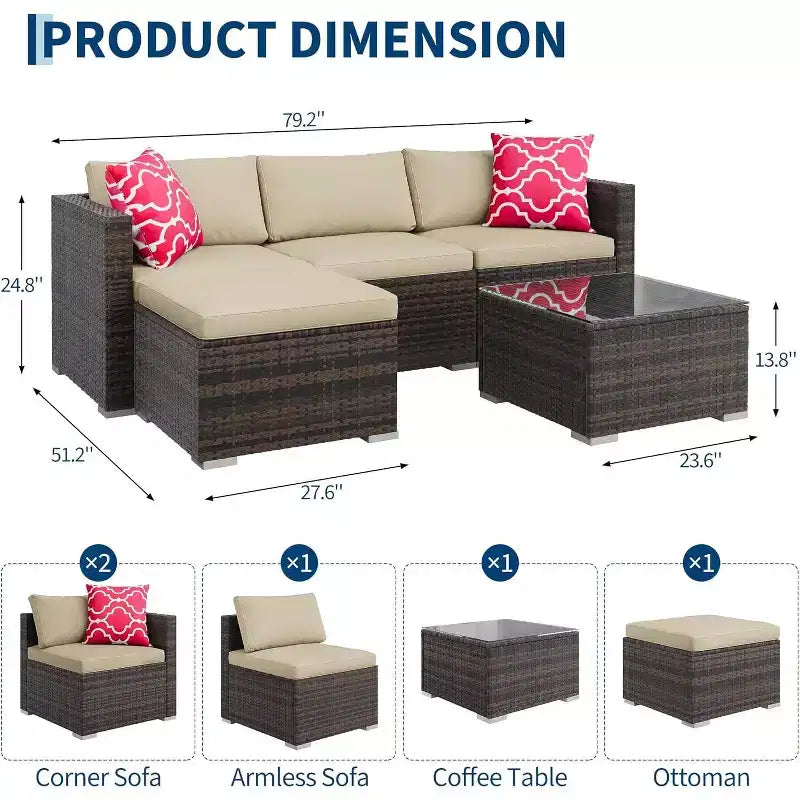 Acekool Ensemble de canapé sectionnel 5 pièces en rotin pour terrasse, meubles d'extérieur modulables avec coussins, pour jardin, cour, piscine