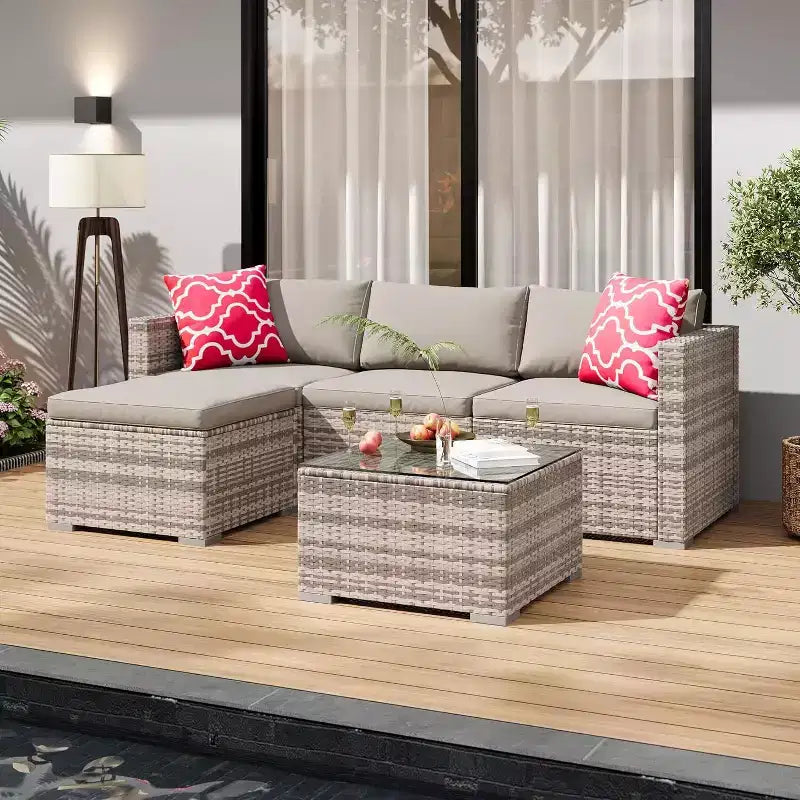 Acekool Ensemble de canapé sectionnel 5 pièces en rotin pour terrasse, meubles d'extérieur modulables avec coussins, pour jardin, cour, piscine