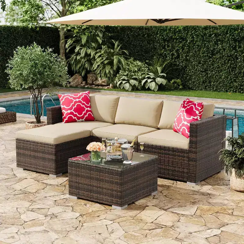 Acekool Ensemble de canapé sectionnel 5 pièces en rotin pour terrasse, meubles d'extérieur modulables avec coussins, pour jardin, cour, piscine