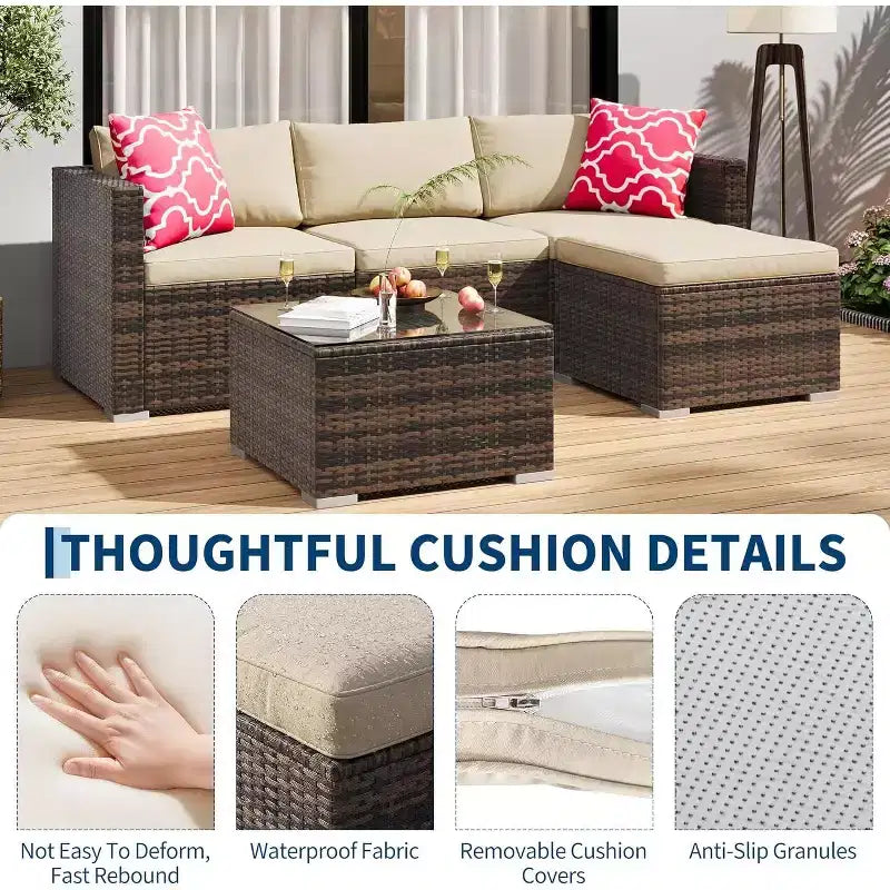 Acekool Ensemble de canapé sectionnel 5 pièces en rotin pour terrasse, meubles d'extérieur modulables avec coussins, pour jardin, cour, piscine