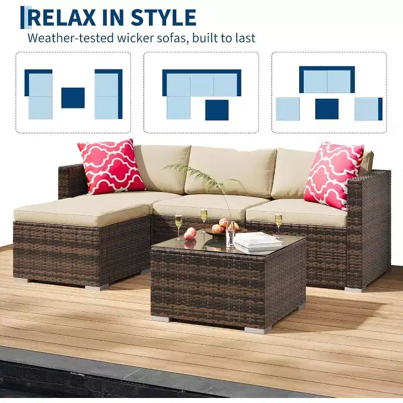 Acekool Ensemble de canapé sectionnel 5 pièces en rotin pour terrasse, meubles d'extérieur modulables avec coussins, pour jardin, cour, piscine