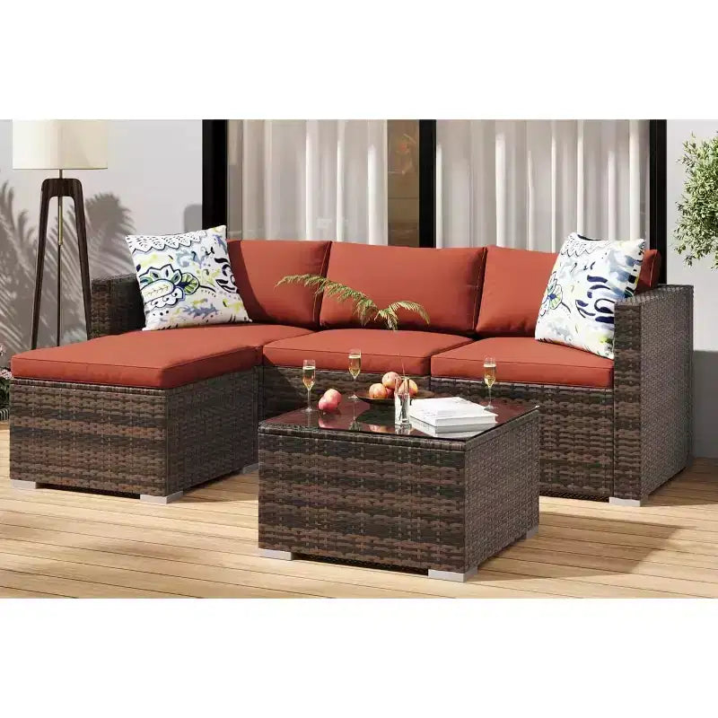 Acekool Ensemble de canapé sectionnel 5 pièces en rotin pour terrasse, meubles d'extérieur modulables avec coussins, pour jardin, cour, piscine