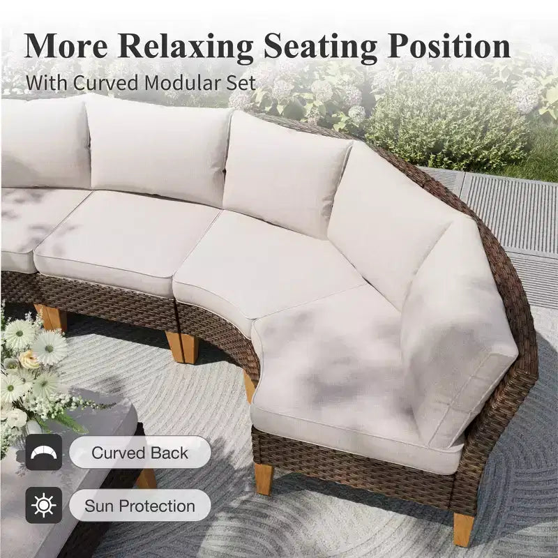 Captiva Designs Ensemble de conversation d'extérieur 9 pièces en rotin et osier pour terrasse, canapé sectionnel demi-lune incurvé avec pouf rembourré