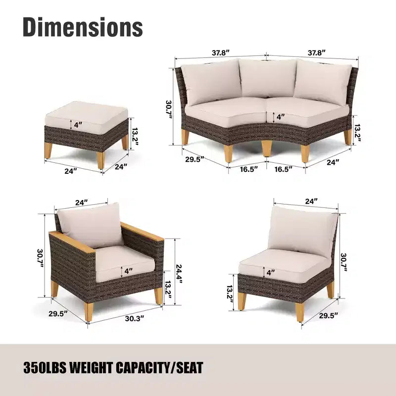 Captiva Designs Ensemble de conversation d'extérieur 9 pièces en rotin et osier pour terrasse, canapé sectionnel demi-lune incurvé avec pouf rembourré