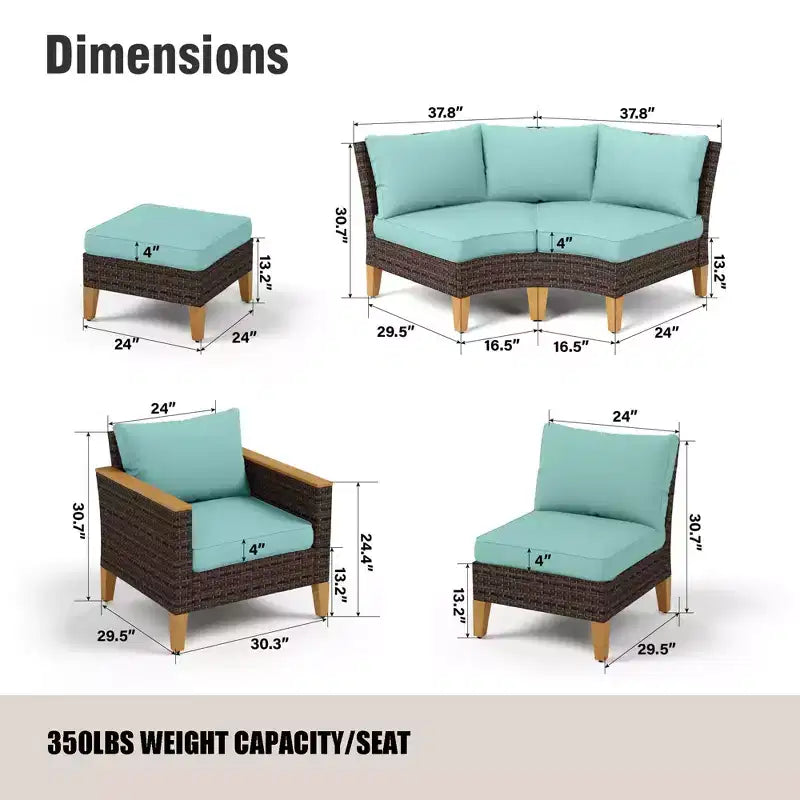 Captiva Designs Ensemble de conversation d'extérieur 9 pièces en rotin et osier pour terrasse, canapé sectionnel demi-lune incurvé avec pouf rembourré