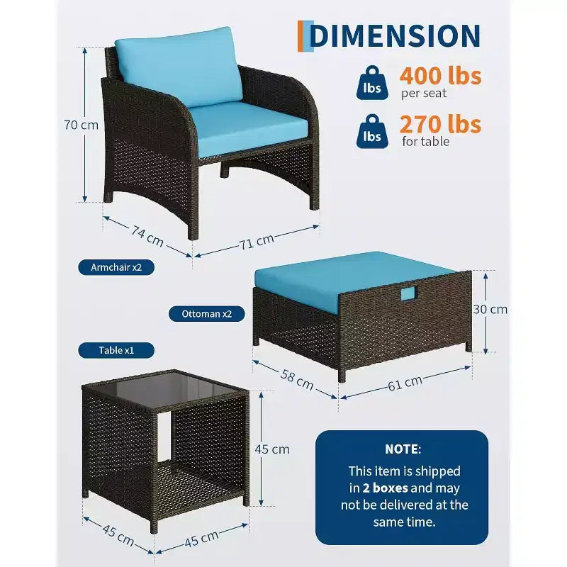 Ensemble de 5 pièces de salon de jardin en rotin PE avec poufs et table basse en verre pour terrasse, jardin, balcon