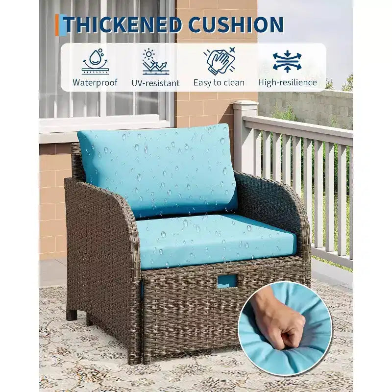 Ensemble de 5 pièces de salon de jardin en rotin PE avec poufs et table basse en verre pour terrasse, jardin, balcon